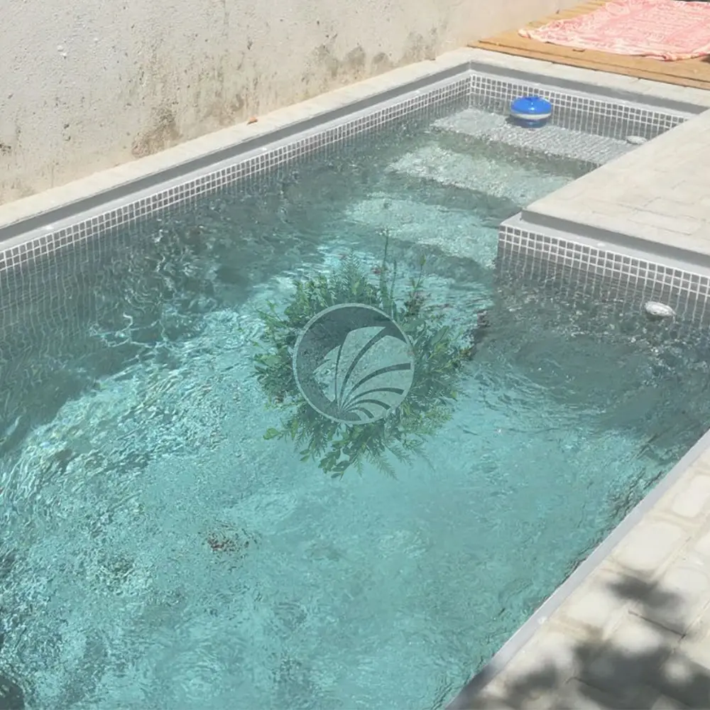 Piscine revêtue de mosaïque grise à côté d’un mur en béton