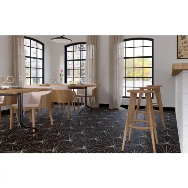 Carrelage hexagonal avec motifs de lignes noires posé